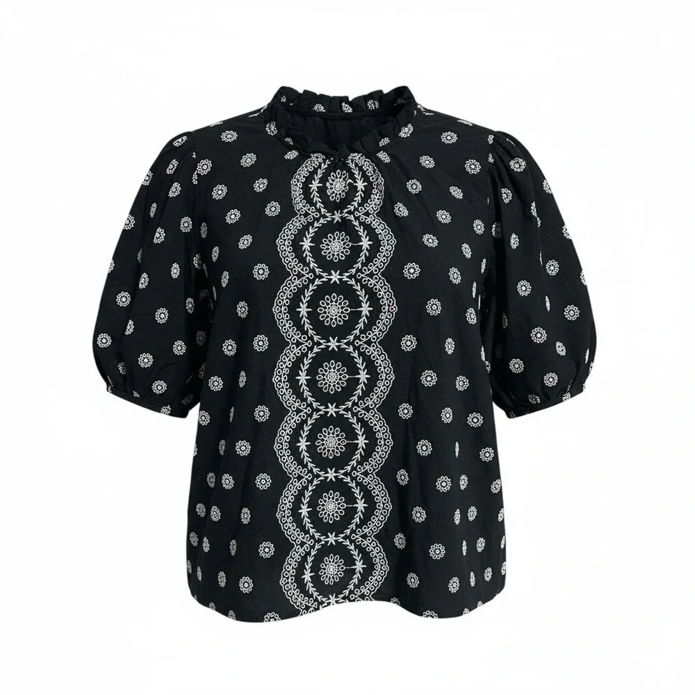 Loft Black and White Embroidered Eyelet Puff Sleeve High Neck Boho Top Size L